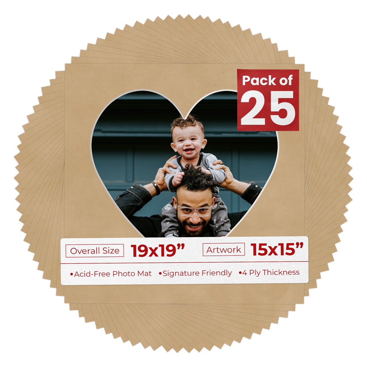 Beige Suede Mat Board for 19x19 Frames - Heart Opening for 15x15 Photos